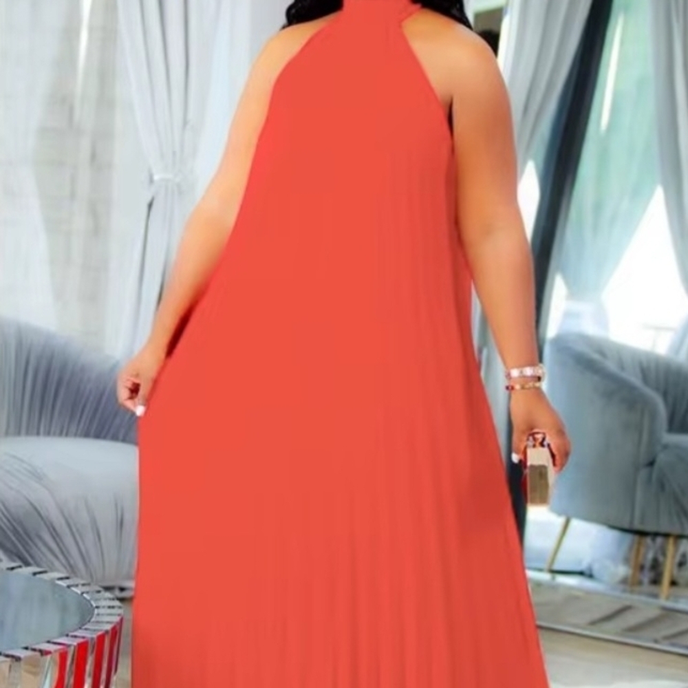 Sleeveless Halter Maxi Dress in Watermelon Red.